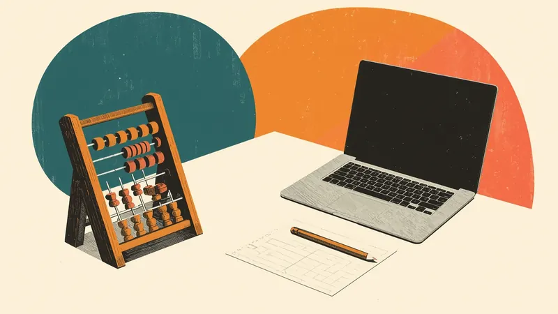 Illustration of a wooden abacus beside an open laptop, with a pencil on graph paper