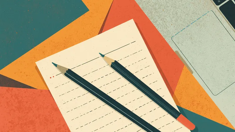 Illustration of two pencils lying on a lined answer sheet beside a laptop trackpad