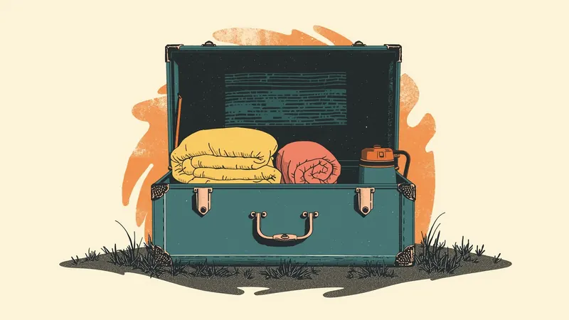 Illustration of an open teal camp trunk packed with rolled blankets and a water bottle, sitting on grass