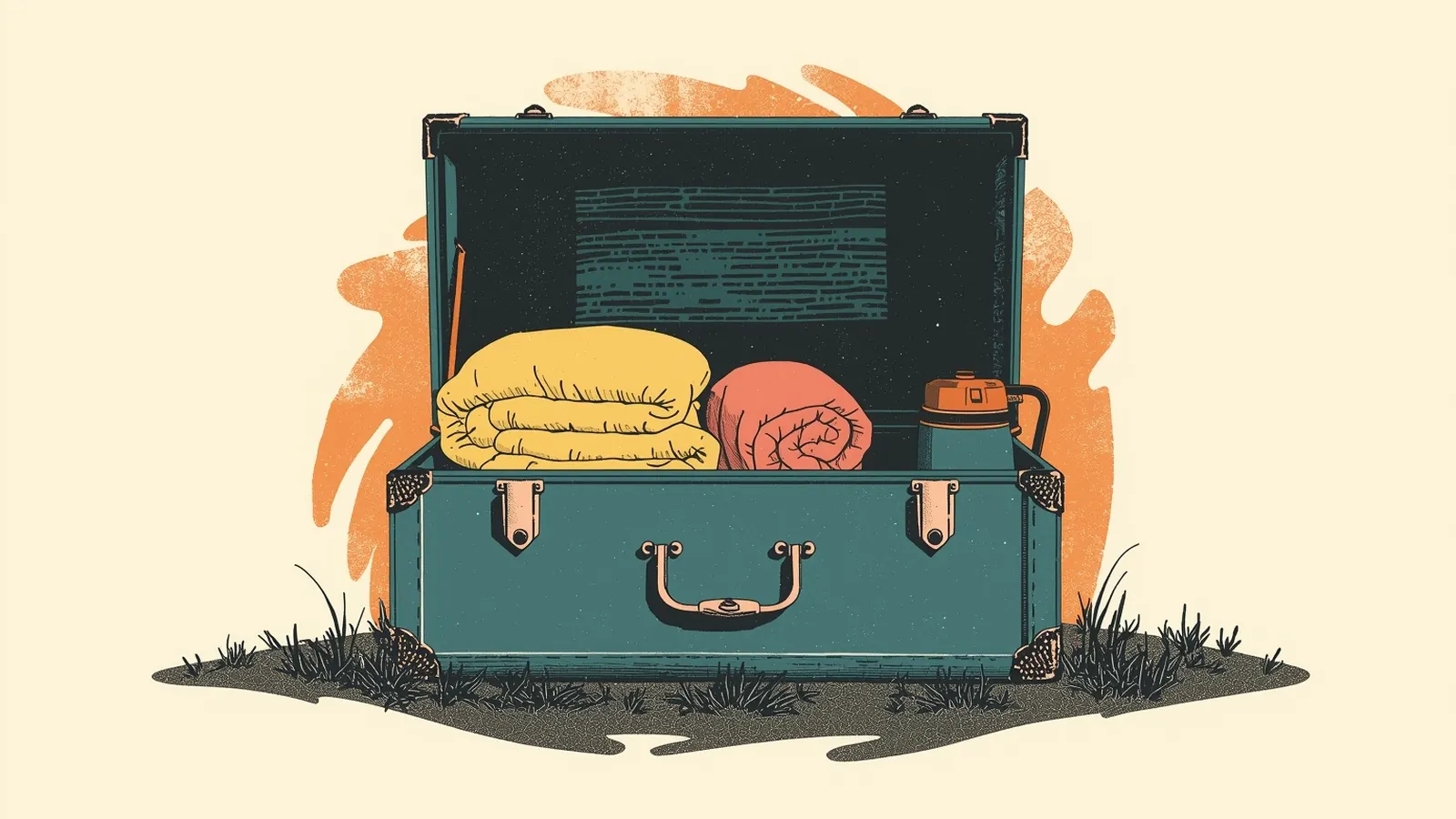 Illustration of an open teal camp trunk packed with rolled blankets and a water bottle, sitting on grass
